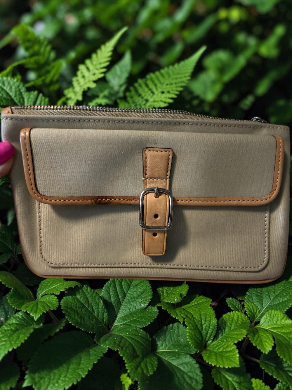 Coach Beige Canvas Wallet with Tan Leather Trim